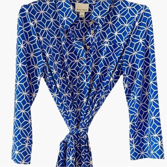 Donna Morgan Shirt Dress Women's Size 8 Belted Crisp Blue & White Gold Buttons 3 - Picture 6 of 7